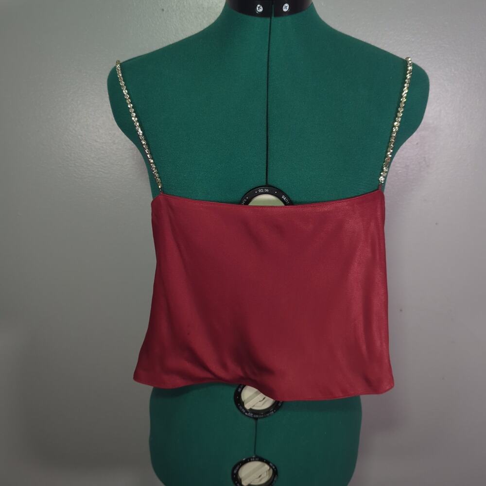 MESHKI Red Satin Crop Top S Rhinestone Straps Y2K Party Glam NWT 2000s Rivaval